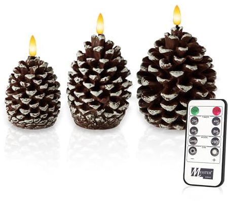 Meisterhome® LED-Kerzen Tannenzapfen 3er-Set – Flammenlose Deko-Kerzen aus Echtwachs mit Timer & Fernbedienung – Batteriebetrieben – Warmweißes Licht – Herbst- & Weihnachtsdeko