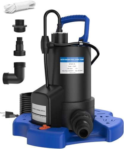QIOMALA Automatic Pool Cover Pump - 1 x HP 3500 GPH Over Floor Water Pump with Check Valve, 3 Adapters & Extra Long 29.5ft Power Cord, Pump