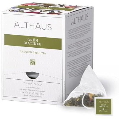 Althaus Tee GRÜN MATINEE ⋅ Grüner Tee im Pyramidenbeutel PYRA PACK ⋅ Aromatisierter Grüner Tee mit exotischem Fruchtgeschmack ⋅ 15 x 2,75g