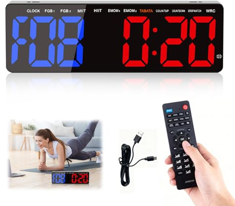 Minuteur de fitness de 40,6 cm, avec télécommande, minuterie d'entraînement LED, 8 modes d'entraînement pour brûler les graisses, compte à rebours/compte, chronomètre et horloge, idéal pour