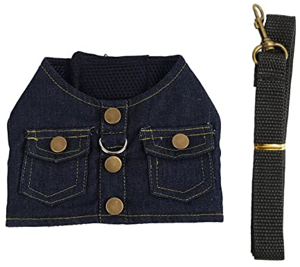 Pettorina per giacca in jeans per cani, gilet in denim morbido e confortevole per cani di piccola taglia e gatti, design in rete traspirante con guinzaglio in nylon, perfetta per (l)