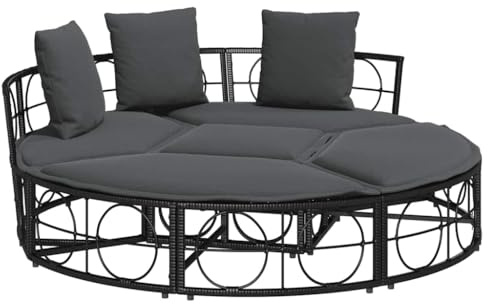 PHGTYUK Letto modulare da esterno in polyrattan nero con cuscino, utilizzabile come isola solare o set di conversazione, rivestimenti rimovibili e lavabili