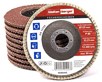 Woltersberger® Fächerscheiben | Ø 125mm | Korn 80 | 10 Stück | Braun für Metall & Holz Korund Winkelschleifer Schleifmop Lamellenscheiben Schleifscheiben