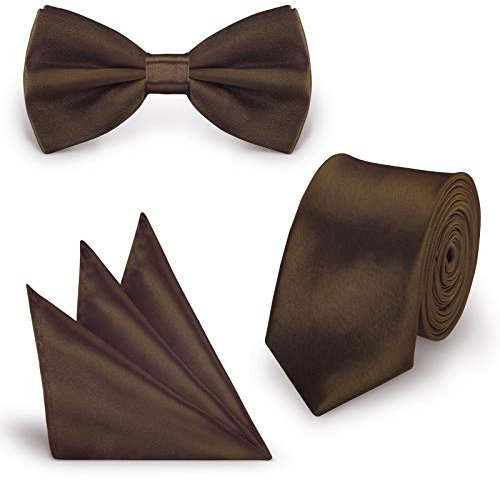StickandShine Inh. Christian Müller 3 in 1 SET hochwertige Satin Polyester Krawatte Fliege Einstecktuch Braun