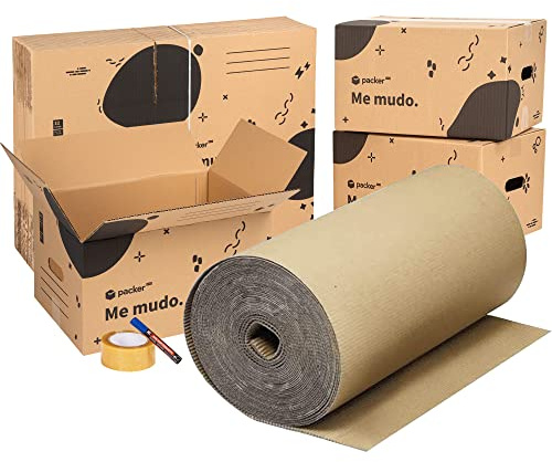 packer PRO Umzugskartons, umweltfreundlich, mit 5 Boxen, 600 x 300 x 275 mm, 10 Umzugskartons, 430 x 300 x 250 mm, Klebeband, 25 Schutzgitter für Verpackung, Permanentmarker