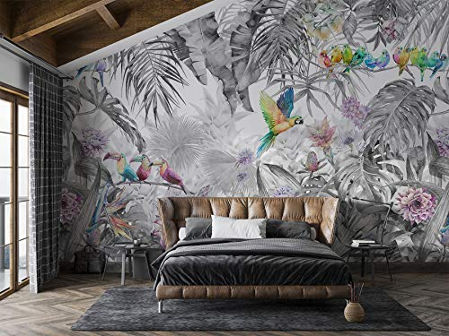 SILK ROAD EU Seide Fototapete Papagei und Dschungel 410 × 280cm Schwarz und Weiß Tapeten Maximale Länge bis zu 12m, Kann in Wohnzimmer, Küche, Schlafzimmer, Kinderzimmer, Studio