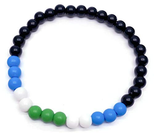 Vegan Flag Colours Bead Bracelet, 6mm Blue, White and Green Acrylic Beads with Black, on Elastic, Vegan Awareness : Size Small/Medium 7 inches, Gift for Vegan