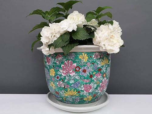 Yajutang Blumentopf mit Untersetzer Porzellan Grünmalerei Blumenmotiv Ø24cm