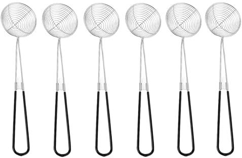 6 Stück Fondue Sieb aus Edelstahl Schaumlöffel Küchensiebe aus Edelstahl Küchensieb mit Griffen Löffel Filter Siebchen Fondue Zubehör Langem Griff Nudelsieb Sieblöffel für Fondueparty Garen (Schwarz)