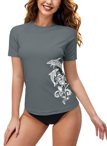BesserBay Damen Schwimm Shirt Kurzarm UV Shirts Rash Guard UV Schutzkleidung Grey L