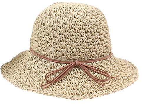 IBLUELOVER Women Straw Sun Hat Floppy Wide Brim Panama Hat Roll up Summer Beach Cap Anti-UV Foldable Travel Cap with Ribbon Bownot for Outdoor Vacation Hiking Gardening