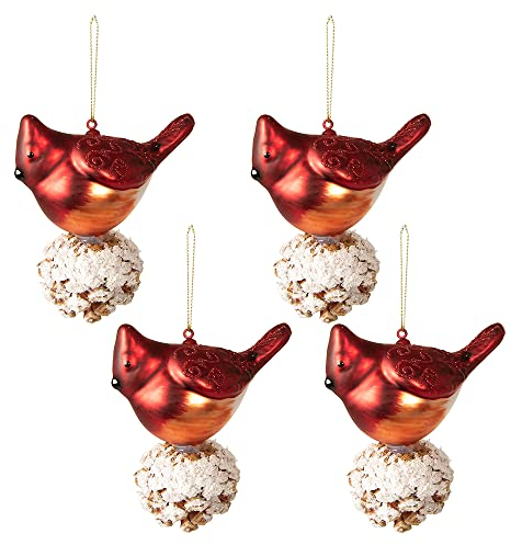 Clayre & Eef Weihnachtskugel 4er Set Vogel 11x6x11 cm Rot Weiß Glas Weihnachtsbaumschmuck