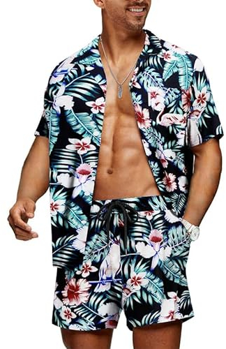 Meilicloth Hawaii Hemd Männer Set Flamingo Blumenmuster Floral Kurzarm Sommer Shorts Herren Kurze Hose Schwarz - Flamingo XL