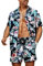 Meilicloth Hawaii Hemd Männer Set Flamingo Blumenmuster Floral Kurzarm Sommer Shorts Herren Kurze Hose Schwarz - Flamingo XL