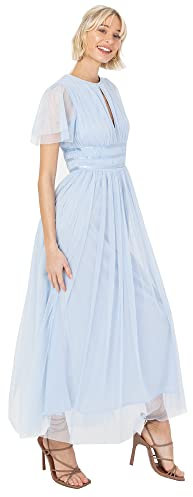 Anaya with Love Ladies Midaxi Dress for Women High Waist Keyhole Short Flutter Sleeve Crew Neckline for Wedding Guest Bridesmaids Prom Light Blue Size 18