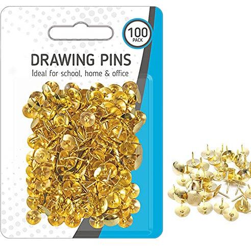 100 Metal Drawing Pins, Brass Thumb Tacks for Notice Boards, Art and Crafts, Work/Office, Map Marking and More (100 Drawing Pins)