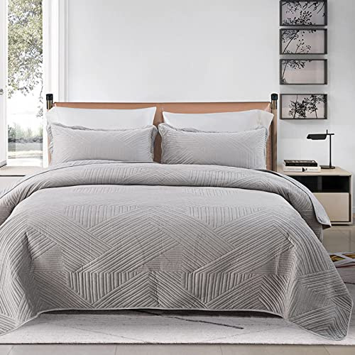 XIUWOUG Tagesdecke 220X240 Mit Kissen Bezüge Bettüberwurf 3 Teilig Kristallsamt Steppdecke Wendedesign Bettdecke Stepp Decke Weich & Komfort Sofaüberwurf Für Schlafzimmer,Grau,220x240