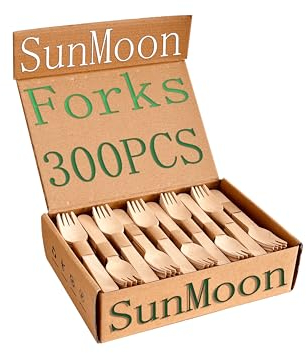 SunMoon Eco Friendly 300 Pack Wooden Forks Disposable, 16cm Long, Plastic Free Packaging,Substitute for Plastic and Bamboo Forks, Disposable for Parties, Camping, Weddings, Garden