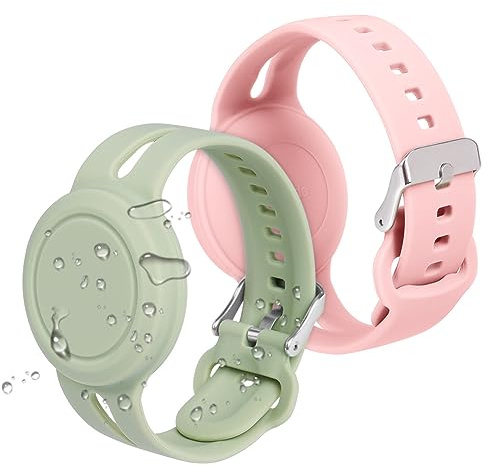 AXFEE Kinder Wasserdicht Armband, Versteckt Halter für Air Tag, 2 Stück | AirTag Armband für Kinder, GPS-Schutz, Verstellbarer Tracker, Silikon AirTag, Armband für ältere Jugendliche, Grün+Rosa