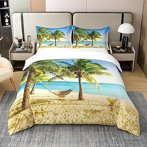Küstenpalme 100% Baumwolle Bettbezug 155x220,Sommer Hawaiin Stil Tröster Abdeckung,Ozean Strand Bettwäsche Set Tropischer Stil,Hängematte Urlaub Thema Bettwäsche Abdeckung Mikrofaser Zimmer Dekor
