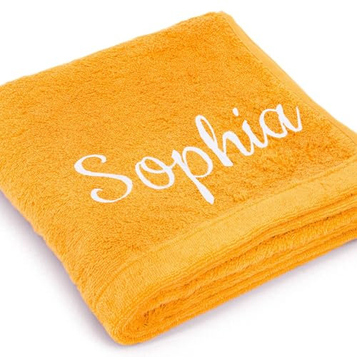 Cawö Premium Handtuch mit Namen oder Wunschtext Bestickt, personalisiertes Duschtuch, individuelles Duschtuch, 100% Baumwolle, 70 x 140 cm Gelb