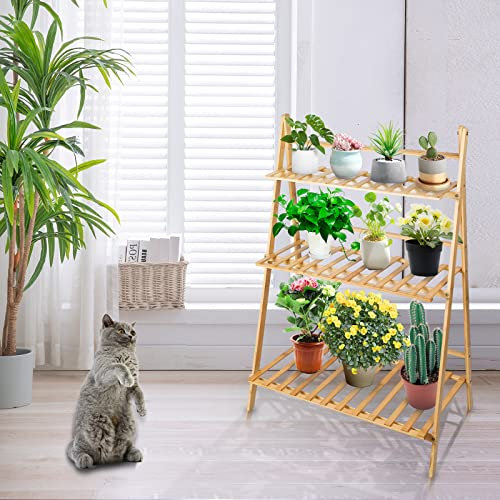 HUOLE Étagère à plantes pliable support pour plantes présentoir en bambou avec 3 étagères barre de suspension intérieur/extérieur 70 * 40 * 96cm-trois couches bois naturel