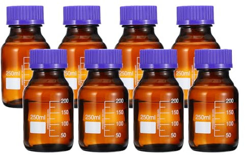 PATIKIL 8 Paquete Medios Almacenamiento Botellas, 250ml Borosilicato Vidrio Redonda Graduada Botella con GL45 Azul Tornillo Tapa para Laboratorio Agua Reactivo Líquido, Marrón