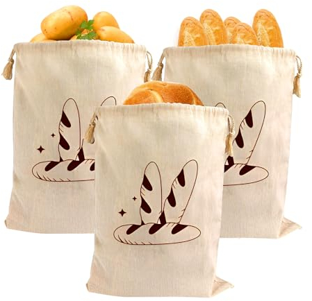 ZSMJAER Bolsa de lino de algodón, 30 x 40 cm, juego de 3 bolsas de pan de algodón, bolsas de pan de tela para muebles de cocina, perfecta para conservar bien su pan y pasteles