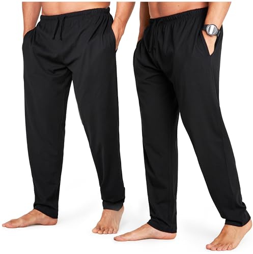 CityComfort Mens Pyjama Bottoms - Jersey Lounge Pants with Pockets, Pack of 2 (L, Black/Black, Drawstring Waist)