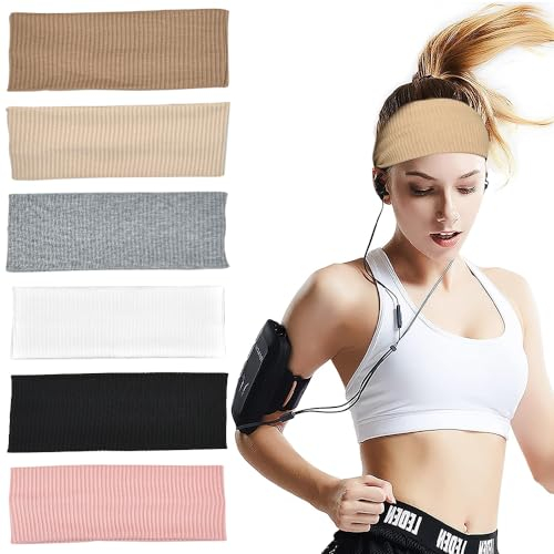 DTYGUIXE 6 Stück Stirnbänder Damen Headband Elastische Breite Haarband Sport Kopfband Dünn Haarbänder für Yoga, Laufen, Joggen, Radfahren (Khaki, leuchtendes Rosa, Beige, Hellgrau, Weiß, Schwarz)