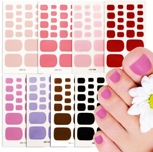 8Feuilles Vernis Autocollant Ongle Orteil Pied 8 Couleurs Nail Art Sticker Ongle Auto-adhésif Couverture Complète Manucure Décoration pour Femme Fille