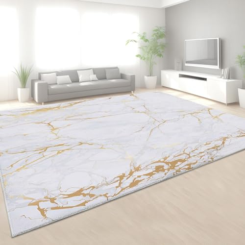 Einfache WeißE Goldene Marmorstreifen Teppich Wohnzimmer Schlafzimmer 120x170 cm, Kurzflor Teppich Rutschfeste Weiche Flanell Waschbar, Deko Teppich für Kinderzimmer, Küche, Unter Dem Esstisch