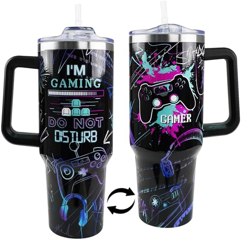 Gamer Gifts, 40 Oz Gaming Tumbler with Handle and Straw Gamer Cup Coffee Mug Tumbler for Men, Cool Gaming Accessories Stuff, Unique Valentines Gifts for Gamers Men Boys Gaming Gifts for Men Teen Boys