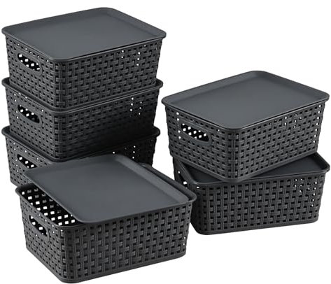 Doryh Aufbewahrungskörbe aus Kunststoff mit Deckel, kleiner Organizerkorb für Regale, Tischplatten, Schränke, Grau, 6 Stück