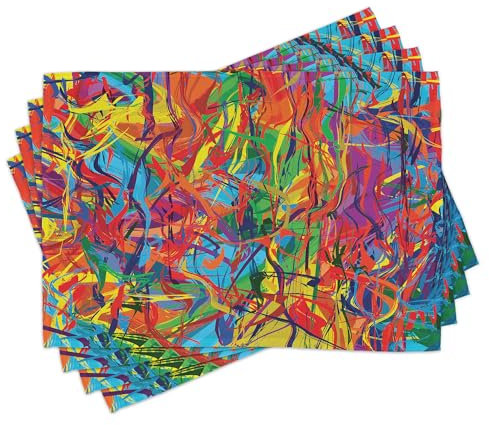 ABAKUHAUS Modern Platzmatten 8 Stück, Zeitgenössisch Regenbogen Ungeordnete Bunte Linien Ölgemälde Effekt Illustration, Waschbare Stoff Esszimmer Küche Tischdekorations, Rot Gelb Blau