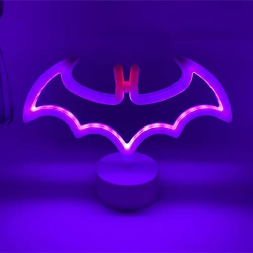 HFHungkeong LED Bat Violett Neonschild, Batterie/USB Betrieben Neonlampe in Fledermausform mit Sockel für Schlafzimmer, Bar, Büro, Schreibtisch, Halloween-Dekorationen (28 x 10 x 18 cm)