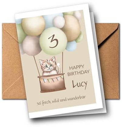 Personalisierte Kinder Glückwunschkarte zum 1. 2. 3. 4. 5. 6. 7. usw. Geburtstag, Grußkarte, Geburtstagskarte personalisiert, verschiedene Tiermotive (Katze)
