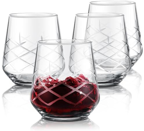 Joeyan Stemless Wine Glasses Set of 4, 500ml Water Gin Cocktail Party Glass Tumbler Set Red and White Wine Glasses Crystal Whisky Glass for Any Occasion