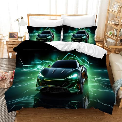 Leleyouzer Rennwagen Bettwäsche 135×200 cm Jungen Teenager Extremsport Bettwäscheset 1pc Microfaser Bettbezug 2pc Kopfkissenbezug 50×75cm(PC2)
