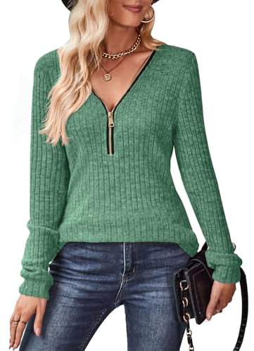 Gemulate Womens Zip up Jumpers Ladies Long Sleeve V Neck Christmas Jumper Tops for Women Casual Clothes Striped Sweaters Sweatshirts Tshirt Green XL