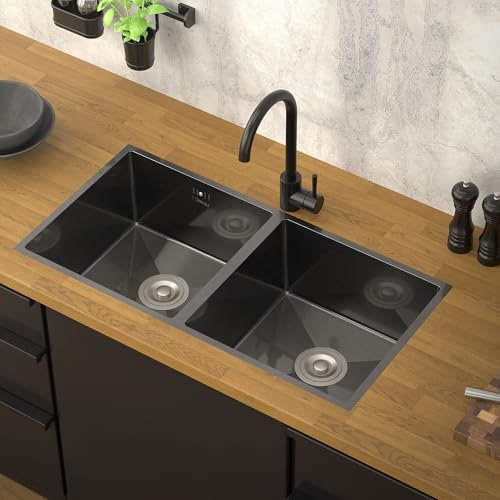 ML-Design Fregadero de Cocina Doble 81,5 x 40 cm de Acero Inoxidable Antracita Lavabo con 2 Cubetas y Sifón Rectangular Bajo Encimera con Juego de Desagüe y Rebosadero Resisten a la Corrosión