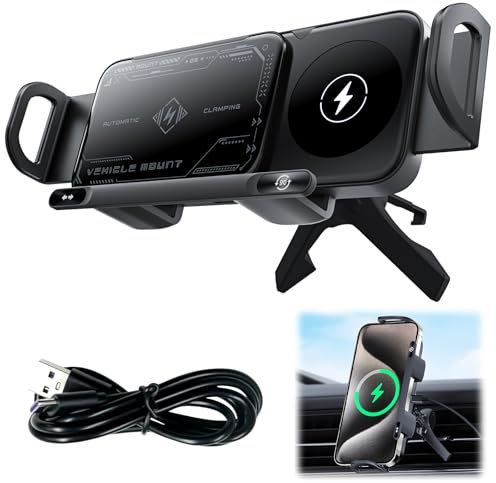 OneNine Car Phone Holder Wireless Charger, Dual Coil 15W Wireless Car Charger, 90° Automatic Rotation and Clamping, Air Vent, Car Mobile Phone Holder for Samsung Galaxy Z Fold/Flip & iPhone Series