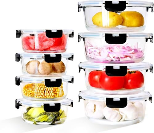 IUGHN 8 Pack Glass Meal Prep Containers, Airtight Lunch Containers, Stackable Food Storage Containers Set with Lids, BPA-Free, Microwave, Oven, Freezer & Dishwasher Friendly