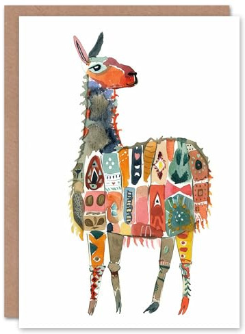 Artery8 Greeting Card Llama With Colourful Folk Patterns Watercolour Blank For Him Or Her Art Birthday Card