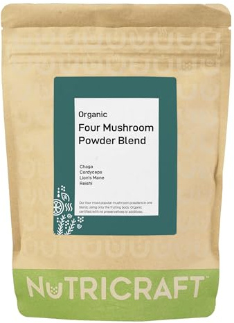 NutriCraft Organic Four Mushroom Blend Powder - 250g - Lion's Mane, Reishi, Cordyceps, Chaga, Vegan, Immune Support, Energy & Brain Health, No Additives or Preservatives