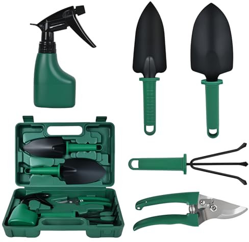 Kit de 5 Herramientas de Jardinería Profesionales con Funda de Transporte - Acero Inoxidable, Mangos Ergonómicos Antideslizantes para Sembrar, Podar y Cultivar - Incluye Paleta, Tijeras, Rastrillo