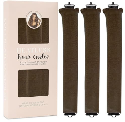 3PCS Heatless Hair Curling Rod & Headband Set for No-Heat Overnight Curls - Long Hair Styling (Brown-Boxed)