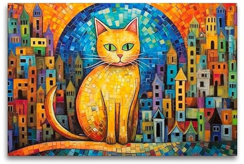 CALVENDO Leinwand · Katze Im Stil von Friedensreich Hundertwasser | 120 × 80 cm quer · Textil-Leinwand auf Keilrahmen · CALVENDO Leinwand