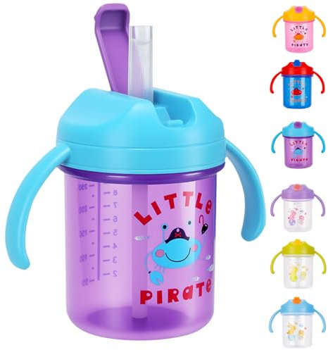 SUPPRUI Sippy Cup,280ml Baby Cup,Straw Cups with Handles,Spill-Proof Baby Sippy Cups,Water Bottles with Straw for Babies,BPA Free,Trainer Cups for 6+ Months (Purple)