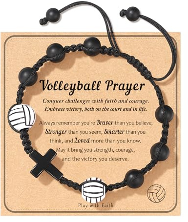 ojokiss Basketball/Volleyball und Kreuz Charm Armband mit Natursteinperlen - Nachdenkliches Geschenk für Teen Jungen, Söhne, Teamkollegen, Freunde zum Abschluss, Geburtstag, Weihnachten, Medium
